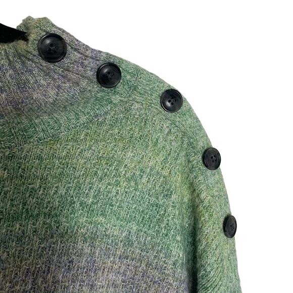 Talbots Striped Pullover Sweater Womens L Green Button Mock Neck Ribbed Wool - Picture 2 of 8